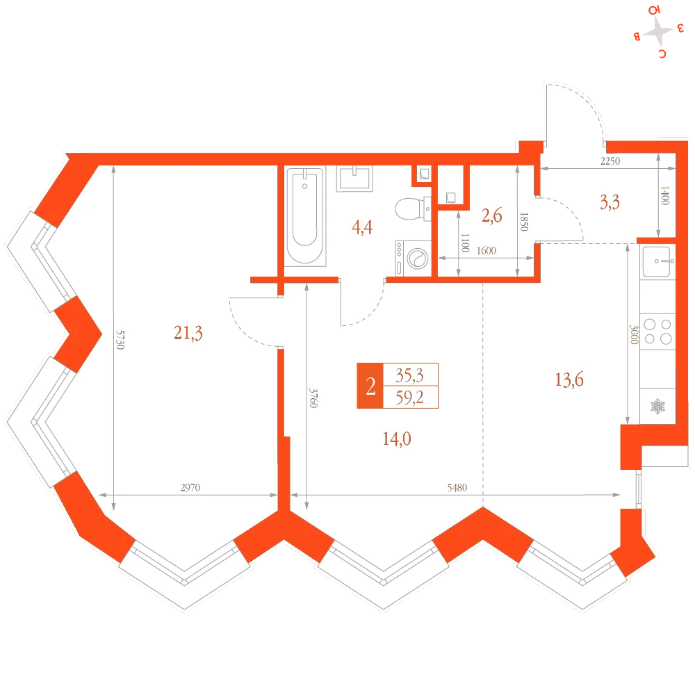 Планировка: 2-комнатная · 59,20 м²