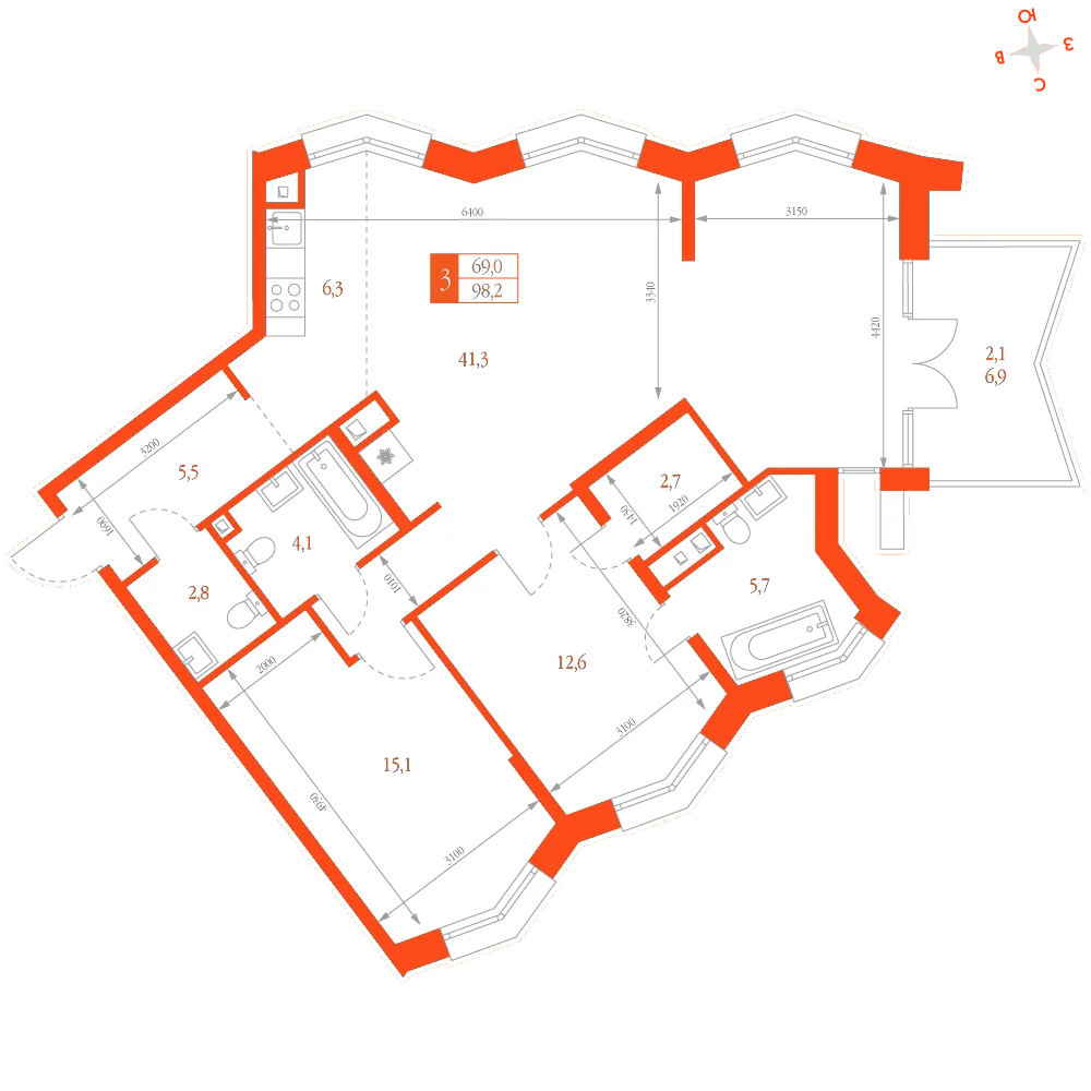 Планировка: 3-комнатная · 98,20 м²