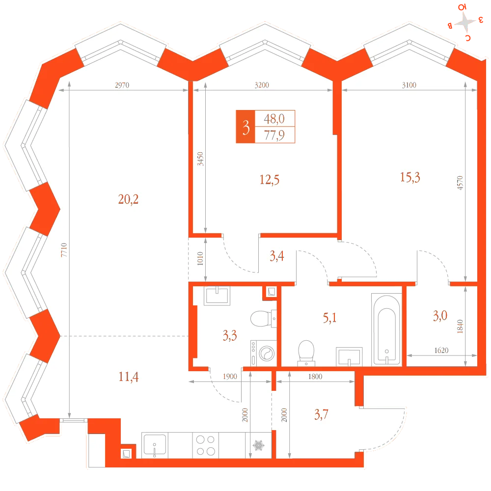 Планировка: 3-комнатная · 77,90 м²