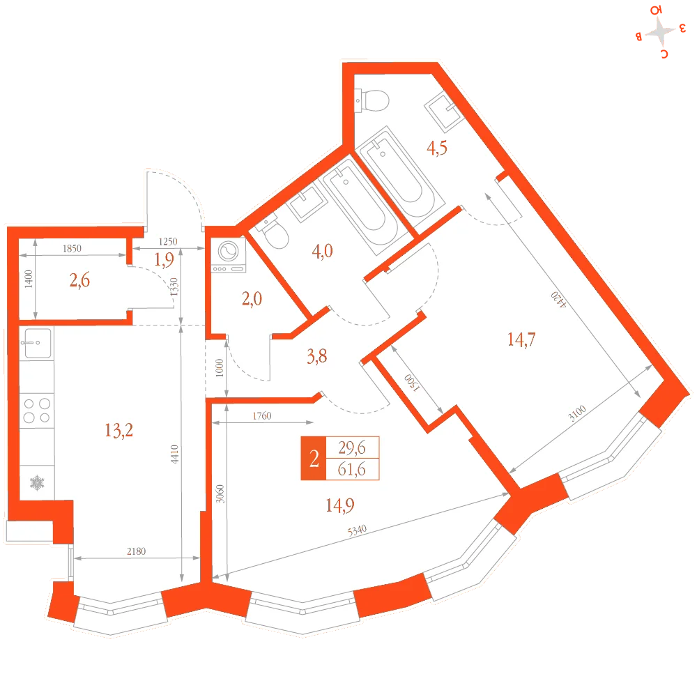 Планировка: 2-комнатная · 61,60 м²