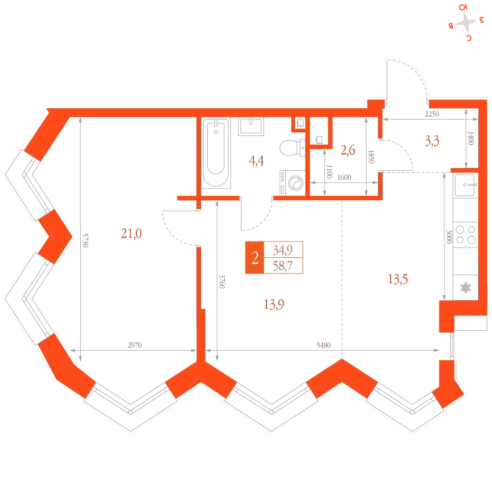 Планировка: 2-комнатная · 58,70 м²