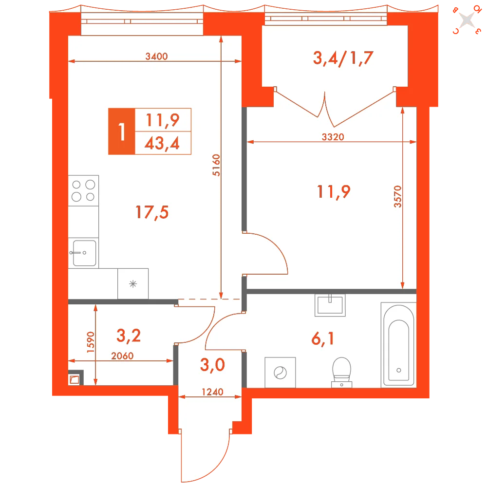 Планировка: 1-комнатная · 43,40 м²