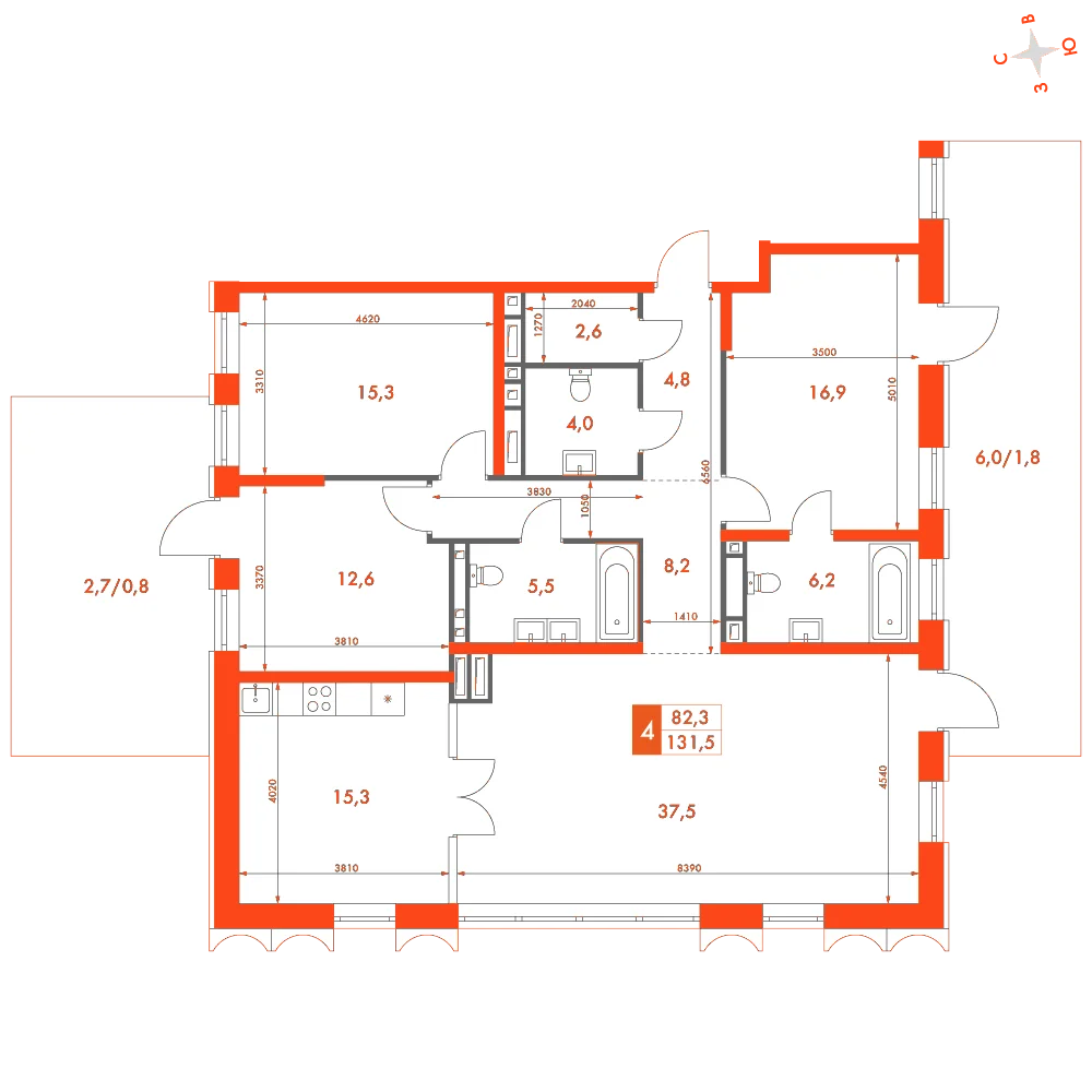 Планировка: 4-комнатная · 144,00 м²