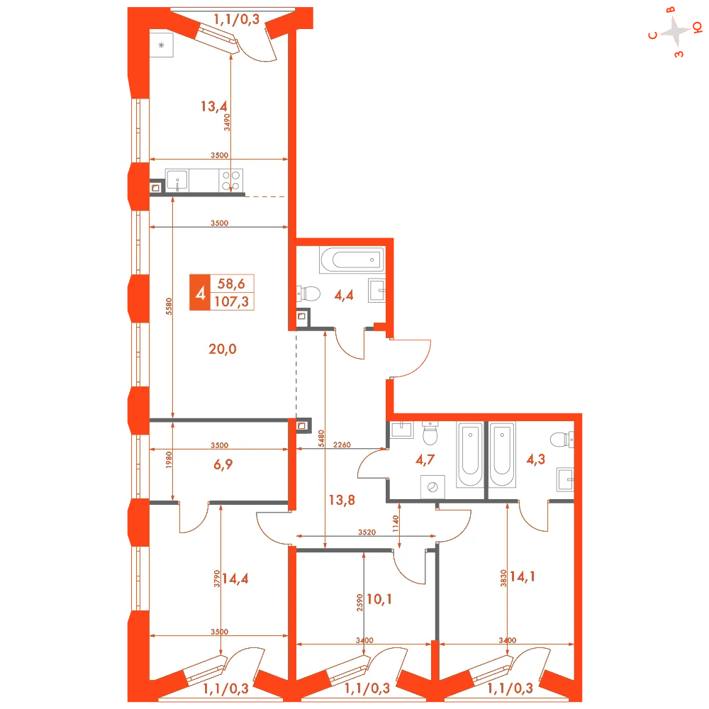 Планировка: 4-комнатная · 107,30 м²