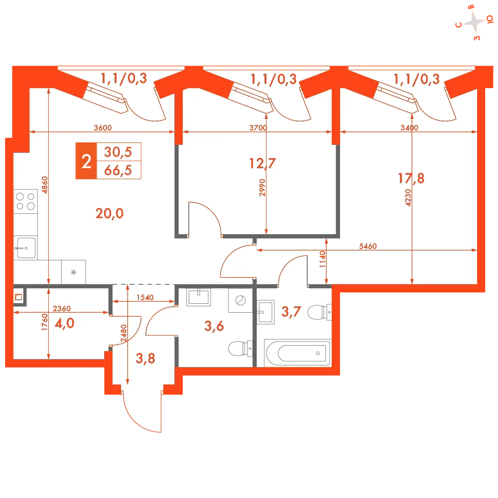 Планировка: 2-комнатная · 66,50 м²