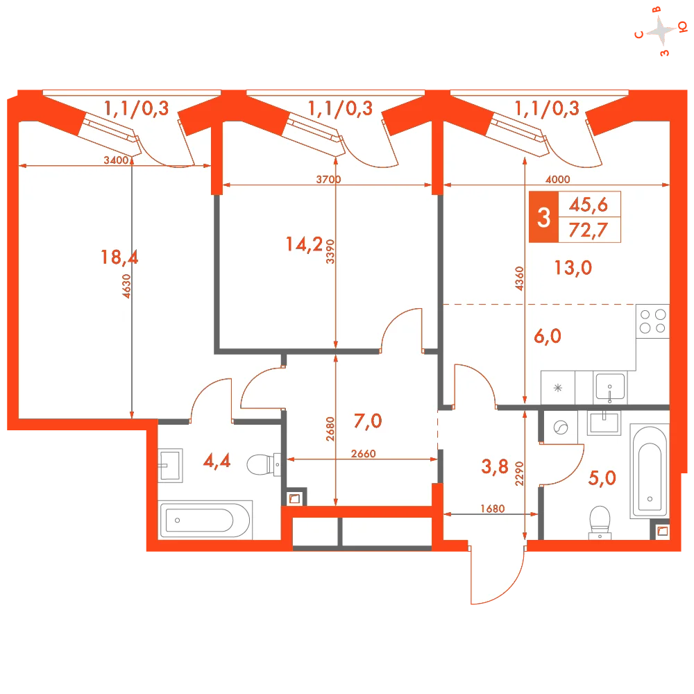 Планировка: 3-комнатная · 72,70 м²