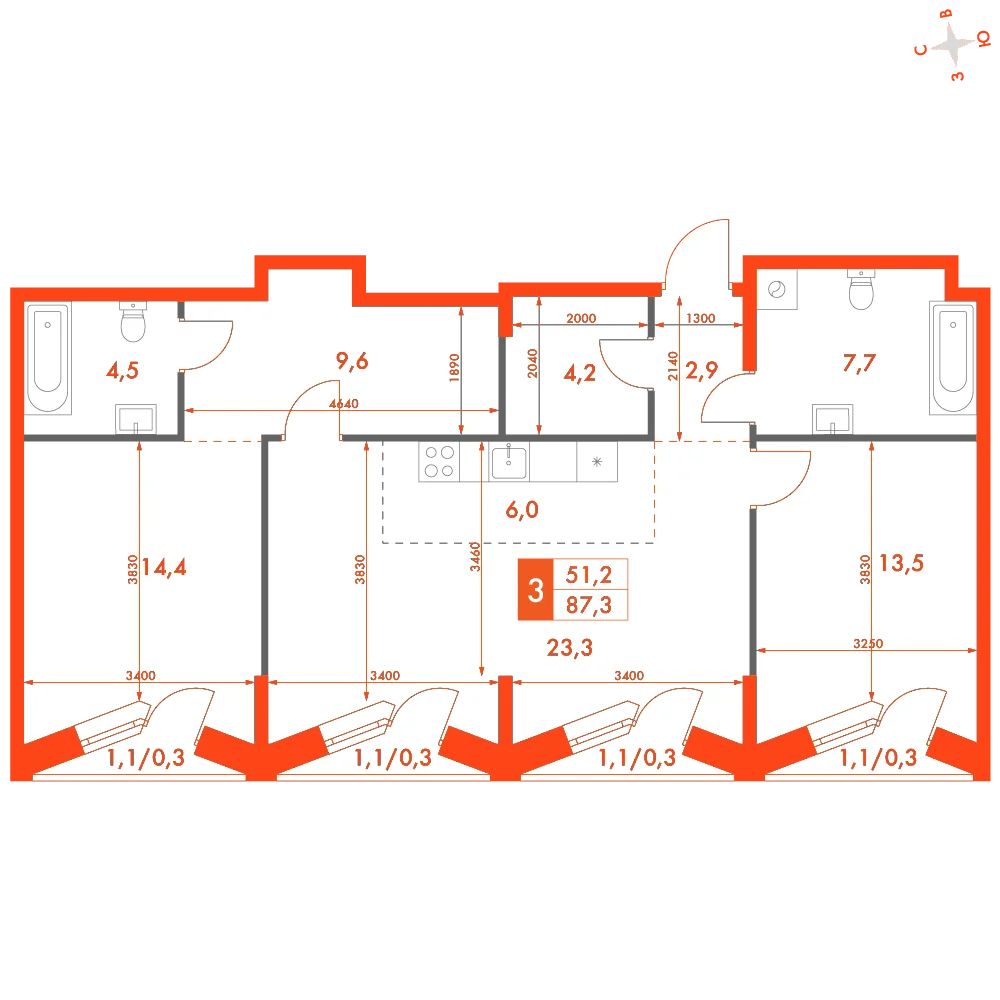 Планировка: 3-комнатная · 87,30 м²
