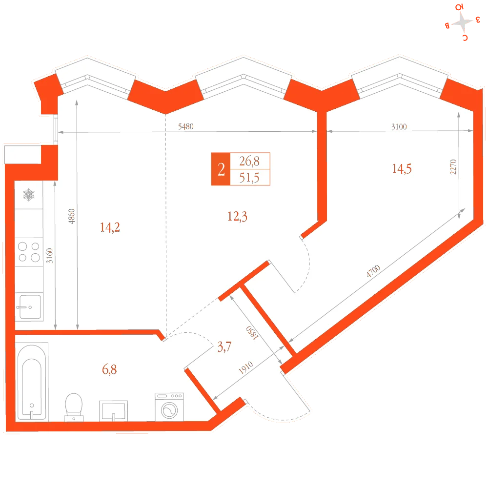 Планировка: 51,50 м² · 2 комнаты