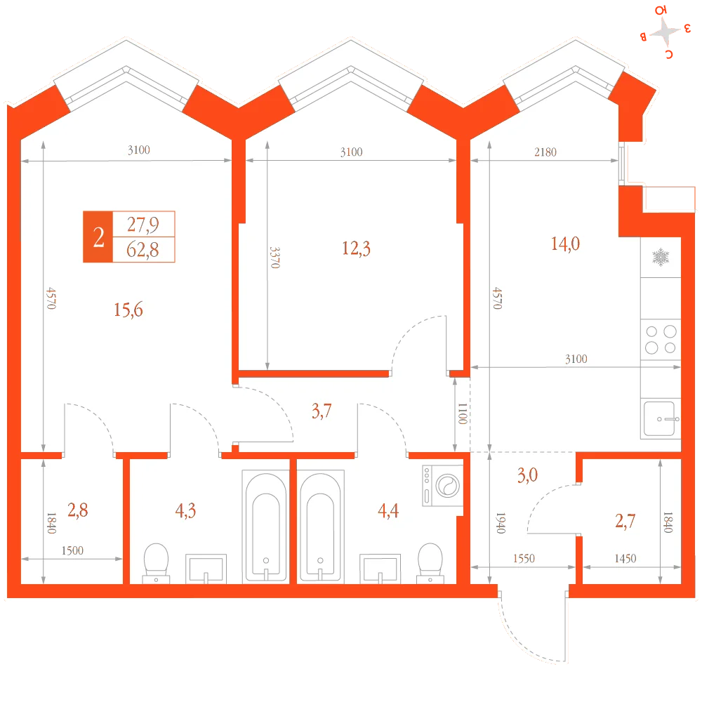 Планировка: 2-комнатная · 62,80 м²