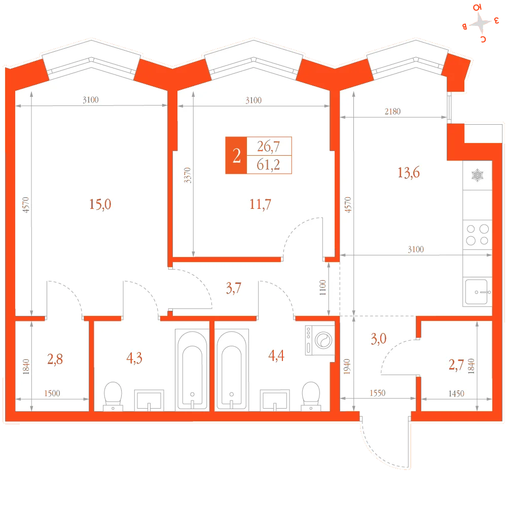 Планировка: 2-комнатная · 61,20 м²