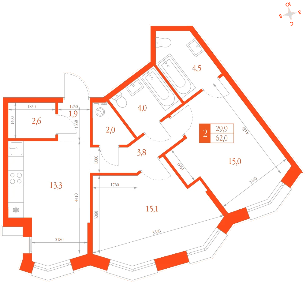 Планировка: 2-комнатная · 62,00 м²