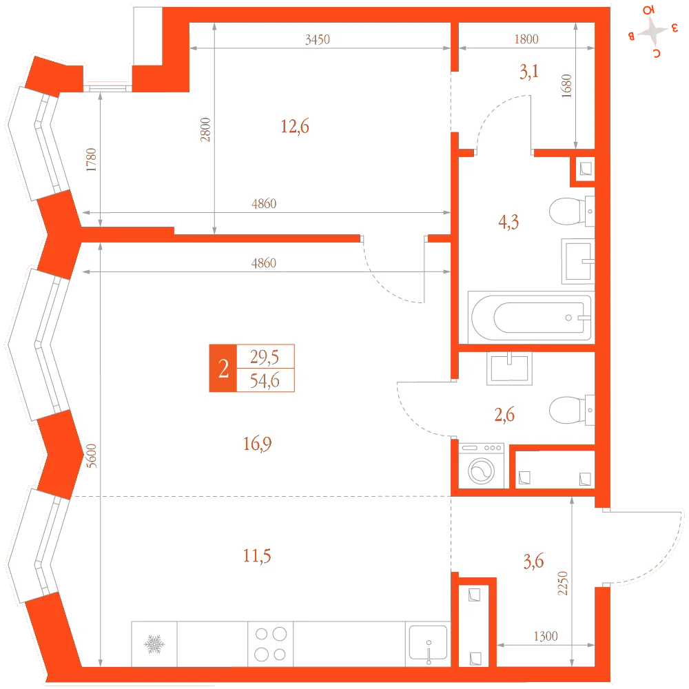 Планировка: 2-комнатная · 54,60 м²