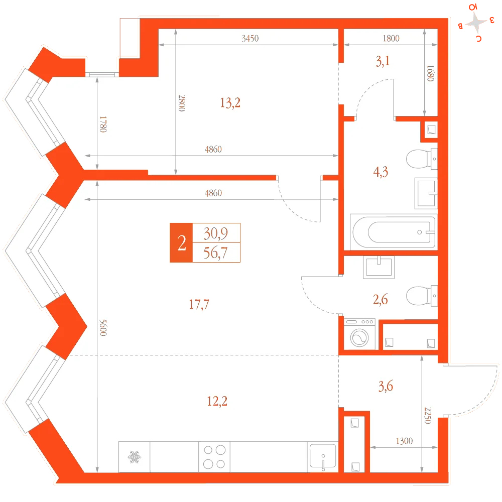 Планировка: 2-комнатная · 56,70 м²