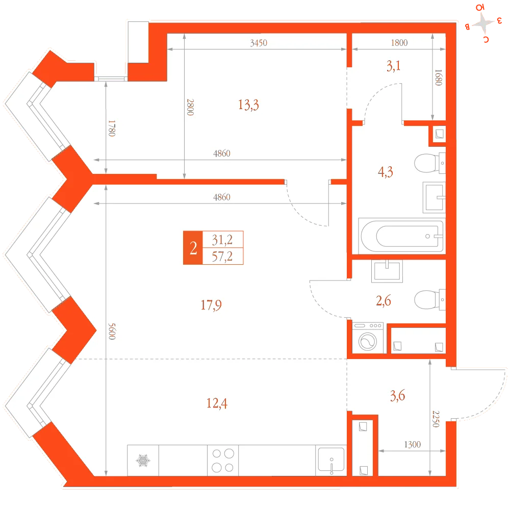 Планировка: 2-комнатная · 57,20 м²