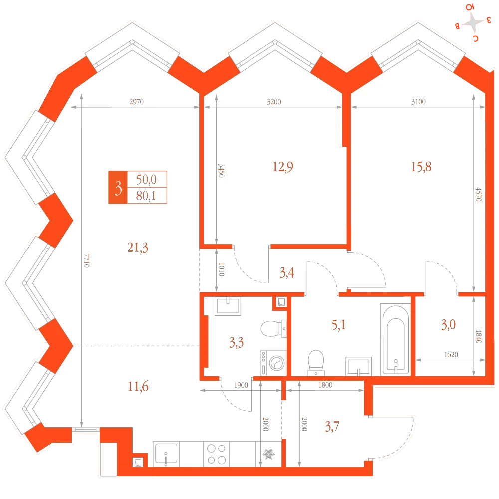 Планировка: 3-комнатная · 80,10 м²