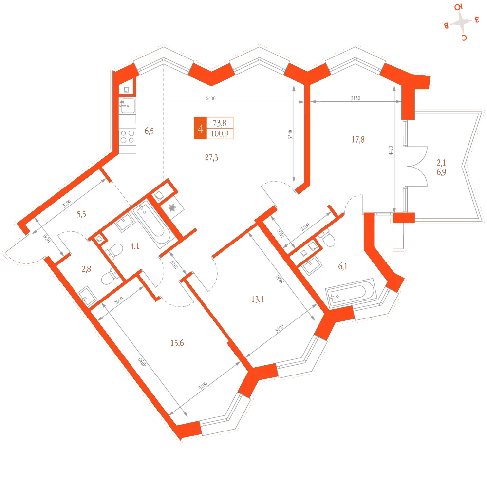 Планировка: 4-комнатная · 100,90 м²
