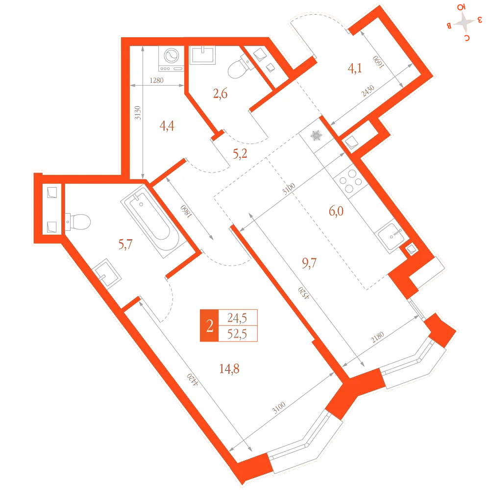 Планировка: 2-комнатная · 52,50 м²