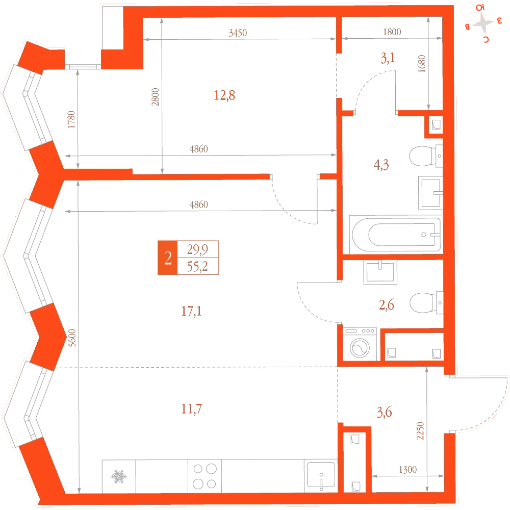 Планировка: 2-комнатная · 55,20 м²