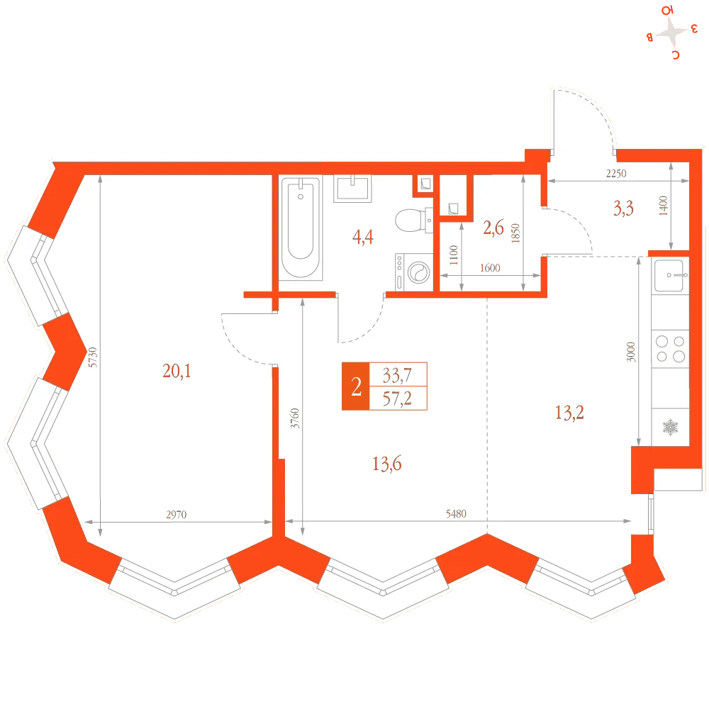 Планировка: 2-комнатная · 57,20 м²
