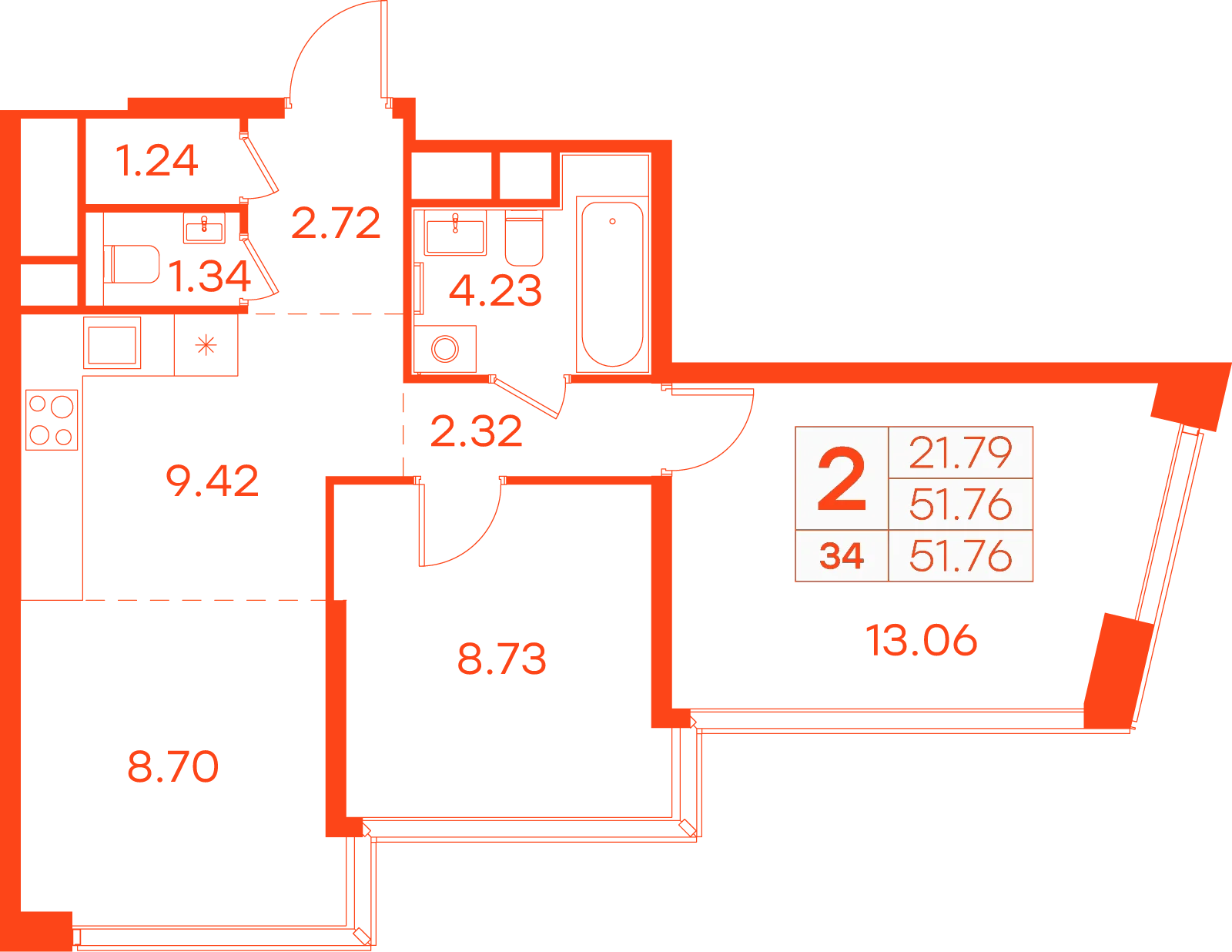 Планировка: 2-комнатная · 51,76 м²