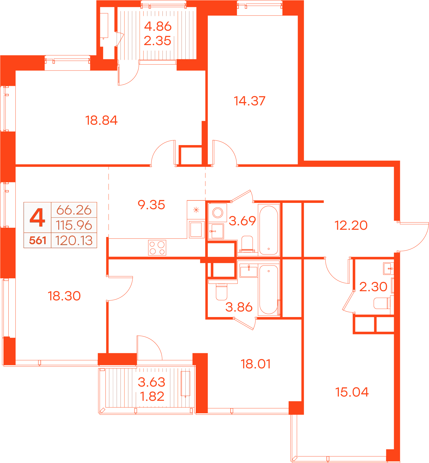 Планировка: 4-комнатная · 120,13 м²