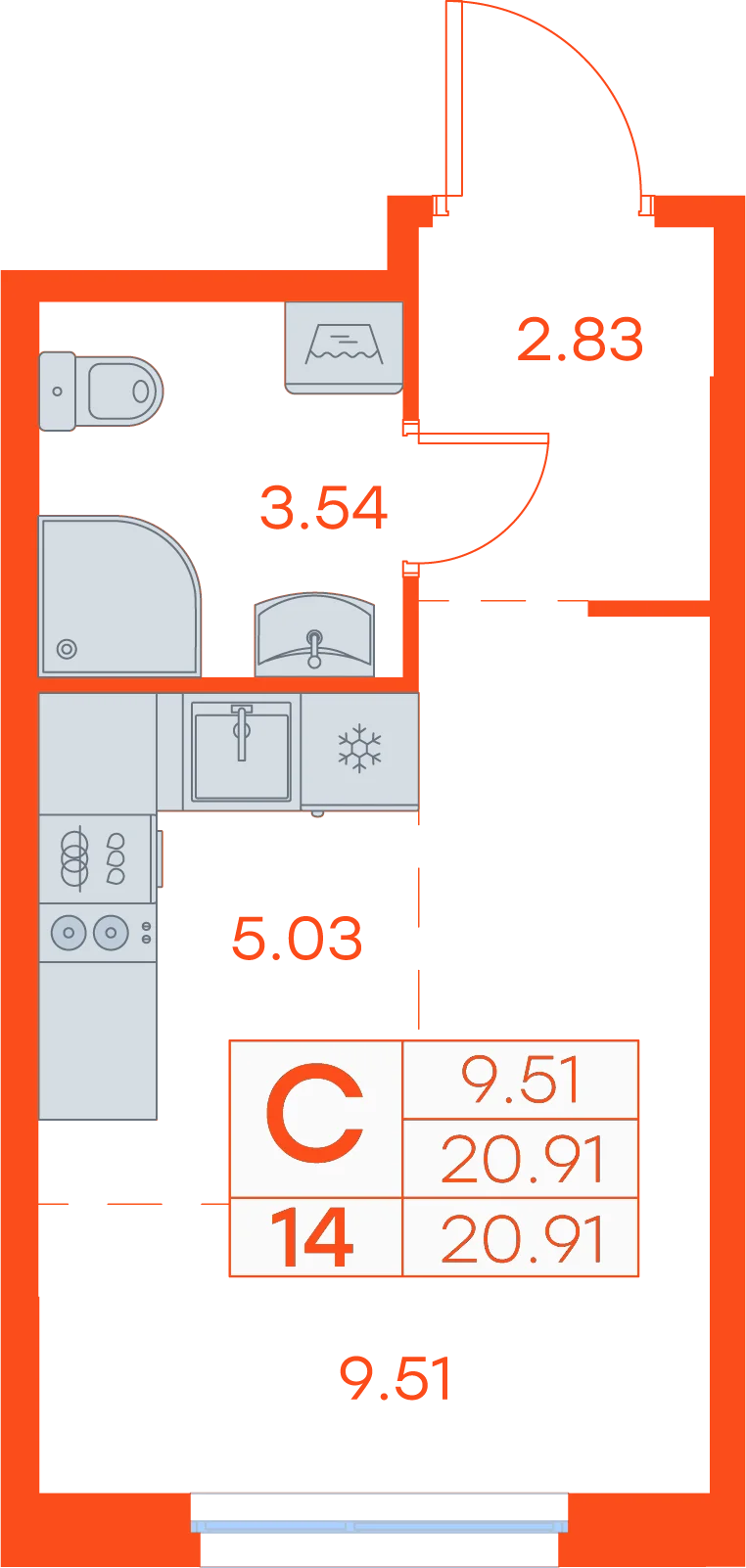 Планировка: Студия · 20,91 м²