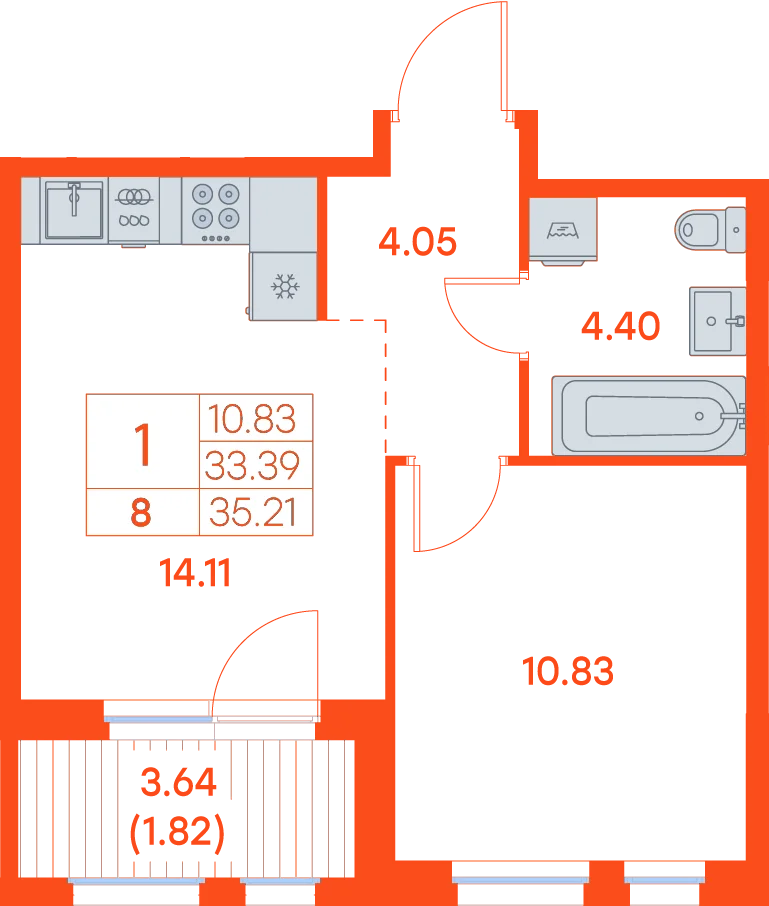 Планировка: 1-комнатная · 35,21 м²