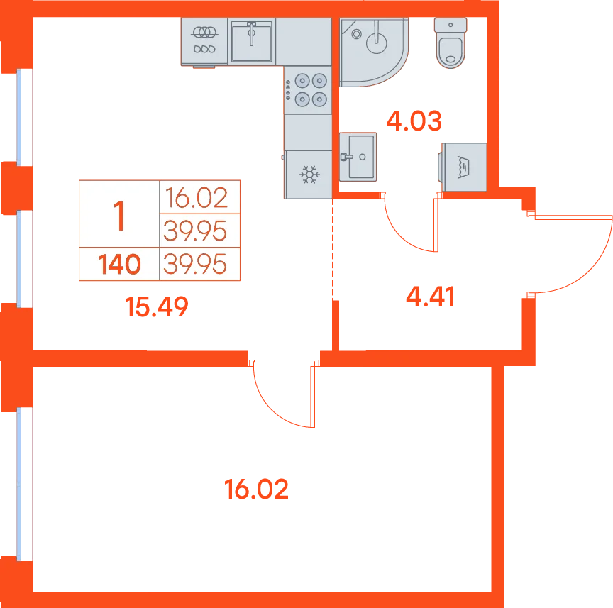 Планировка: 1-комнатная · 39,95 м²