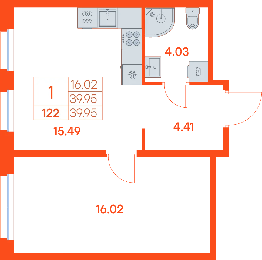 Планировка: 1-комнатная · 39,95 м²