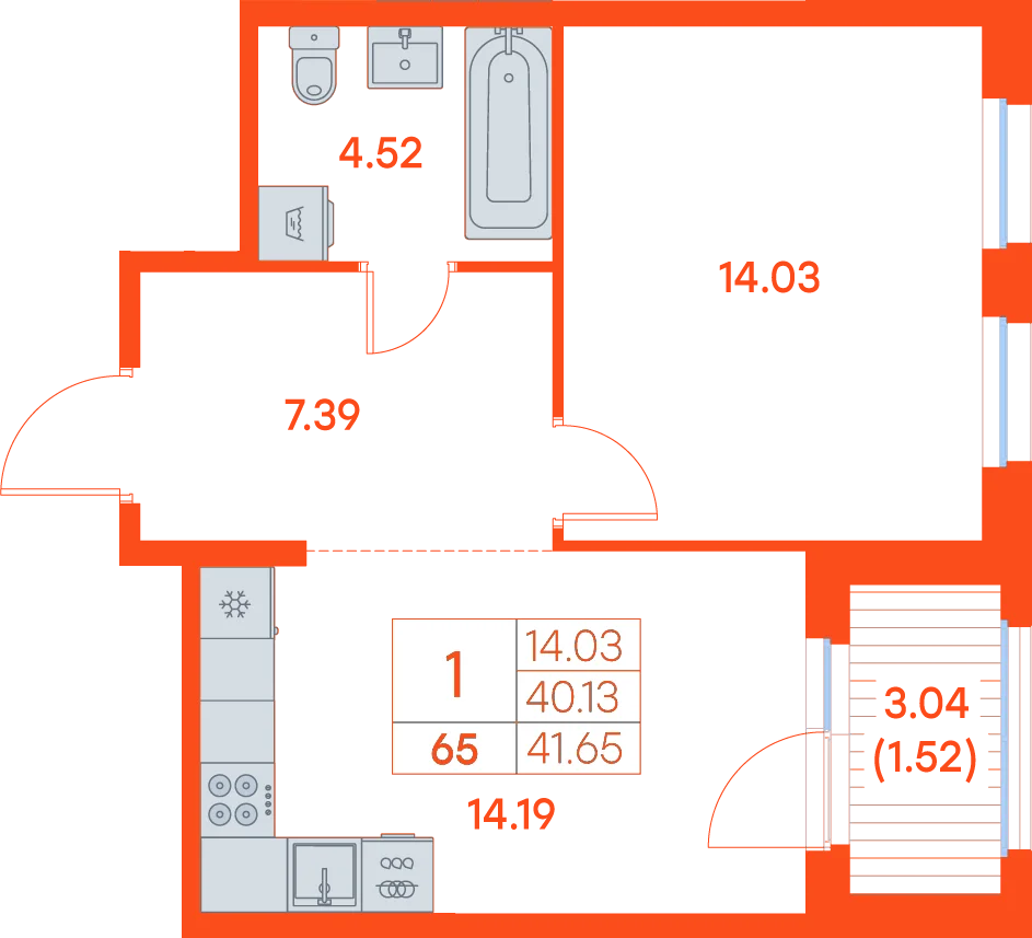 Планировка: 1-комнатная · 41,65 м²
