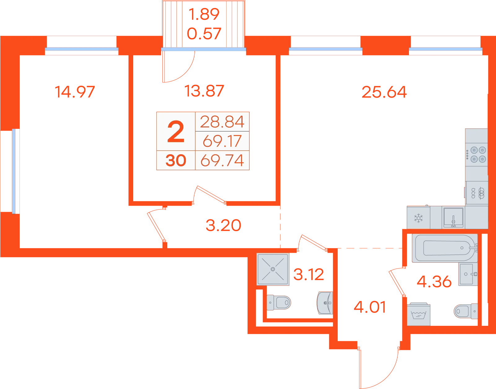 Планировка: 2-комнатная · 69,74 м²