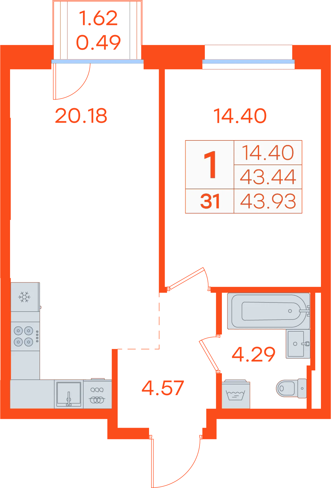 Планировка: 1-комнатная · 43,93 м²