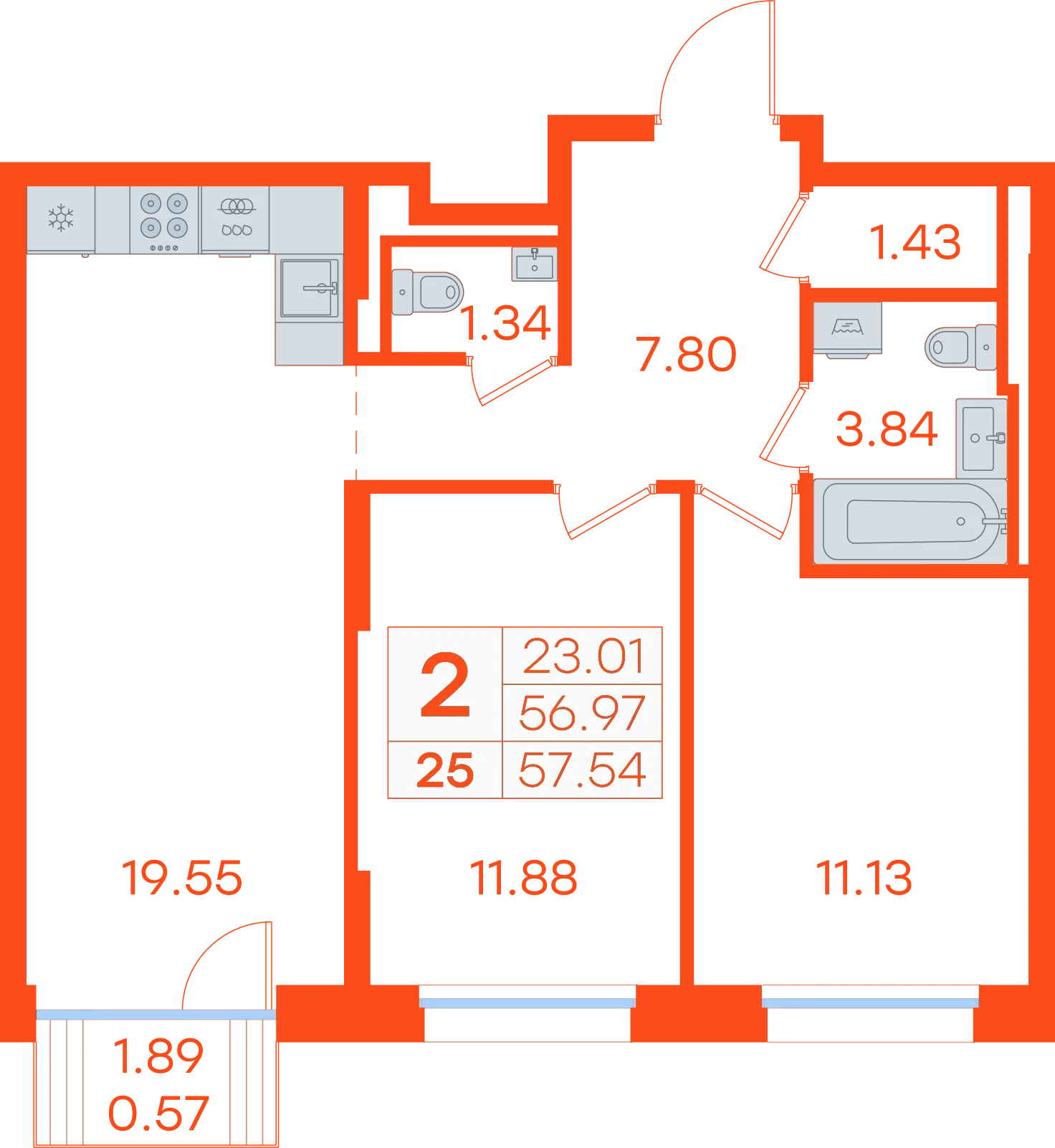 Планировка: 2-комнатная · 57,54 м²
