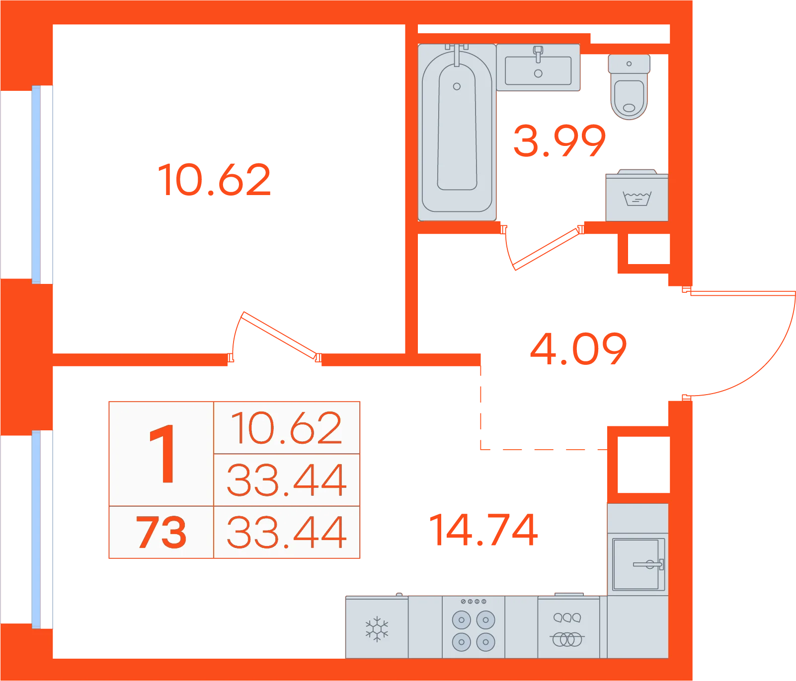 Планировка: 1-комнатная · 33,44 м²