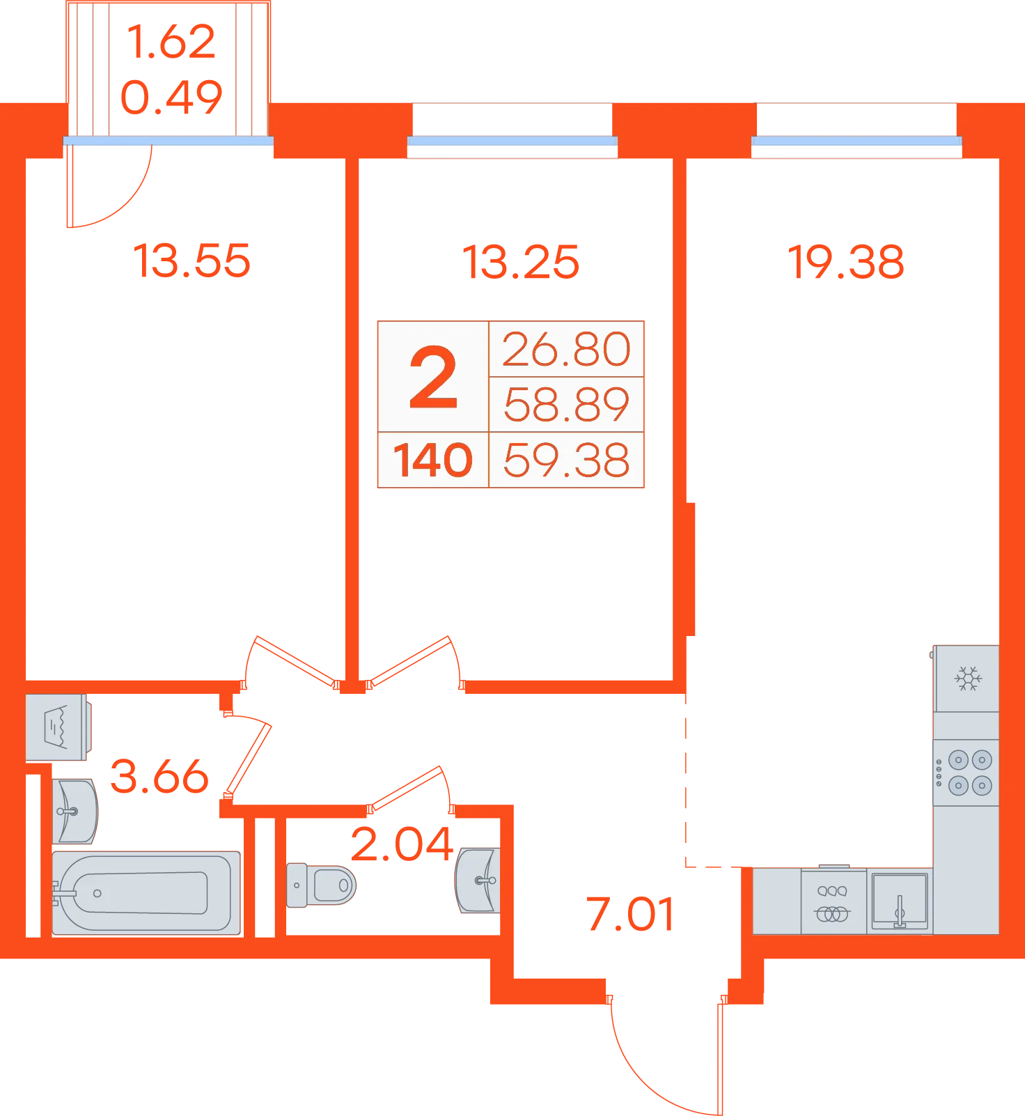 Планировка: 2-комнатная · 59,38 м²