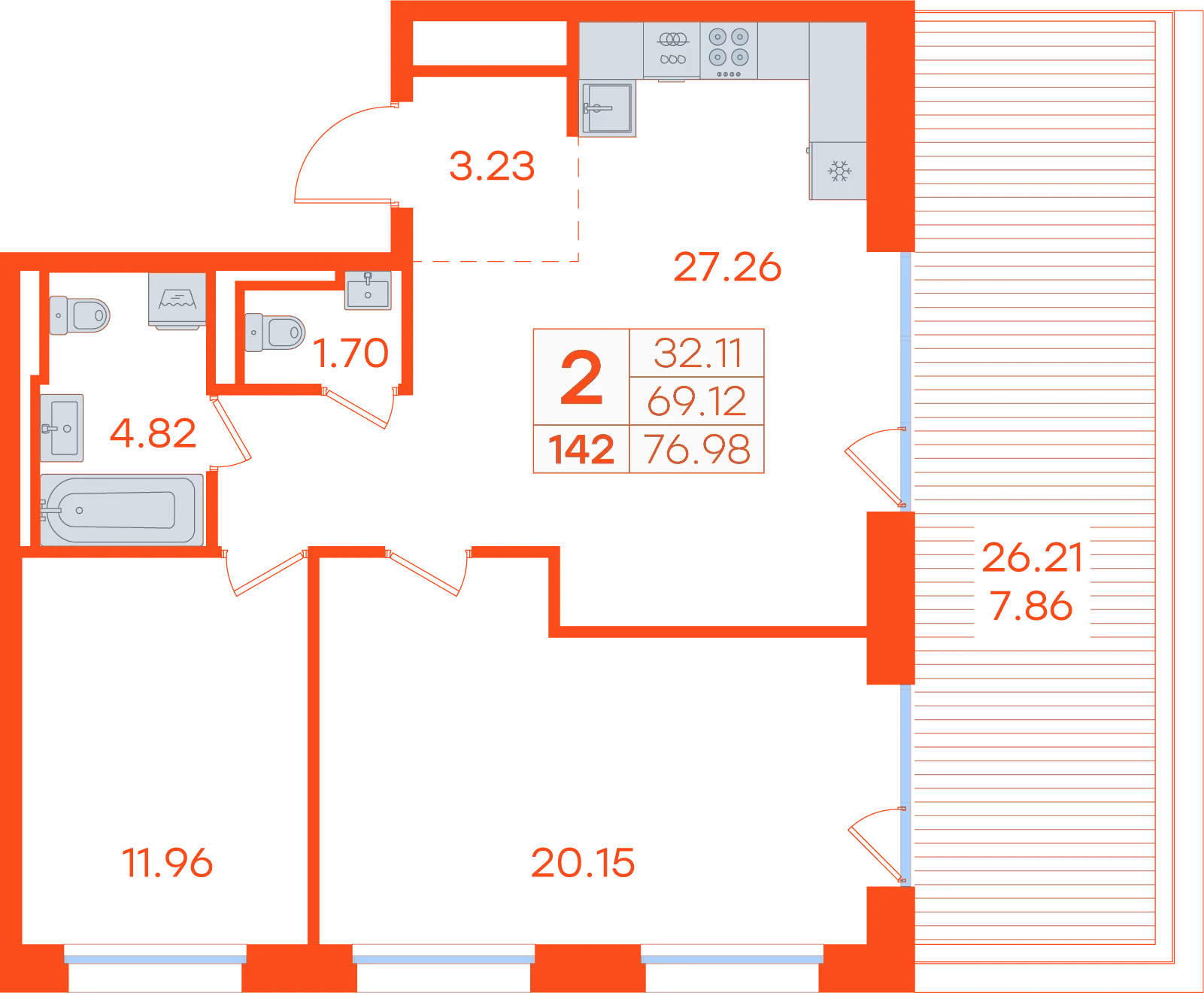 Планировка: 2-комнатная · 76,98 м²