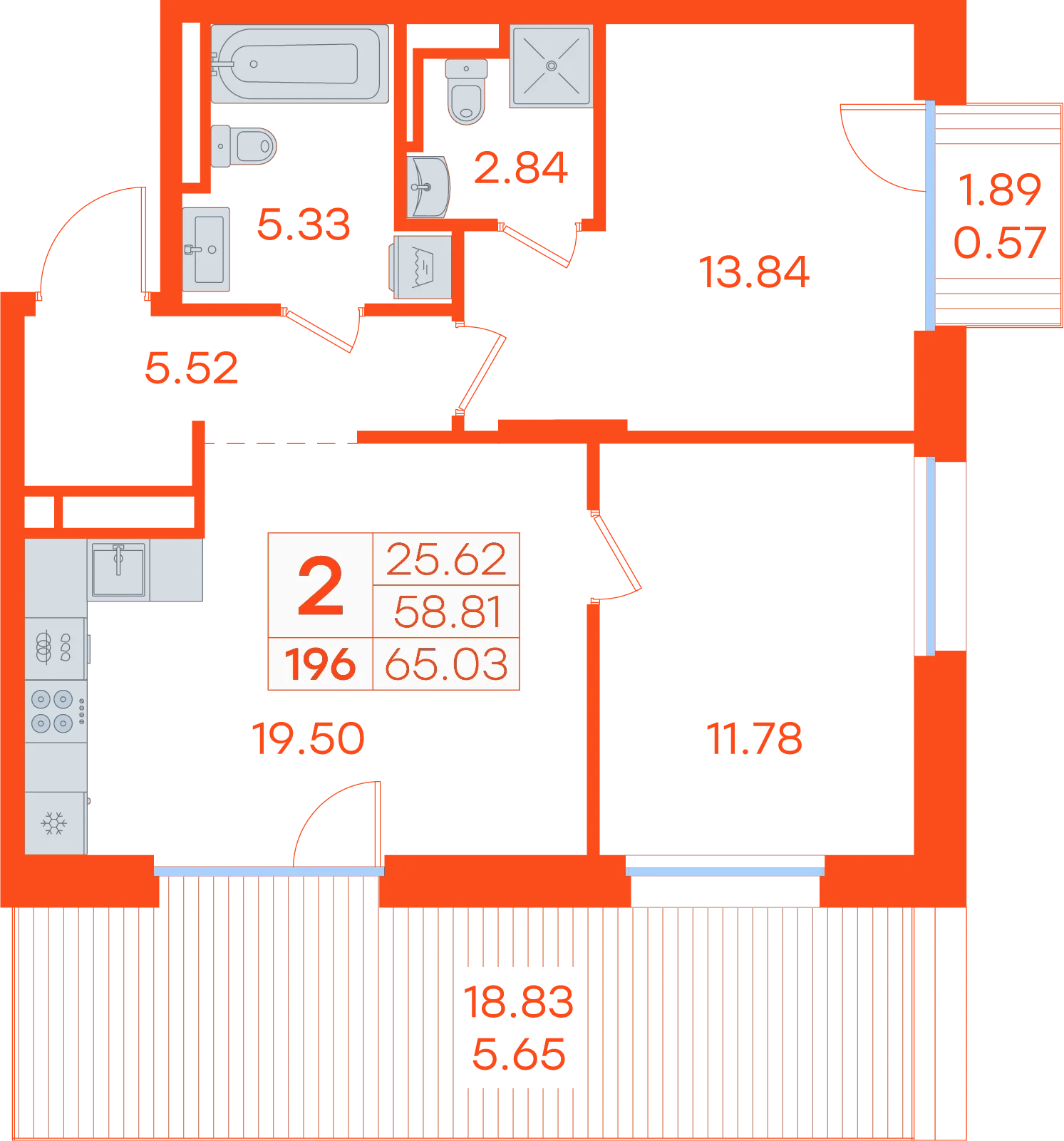Планировка: 2-комнатная · 65,03 м²