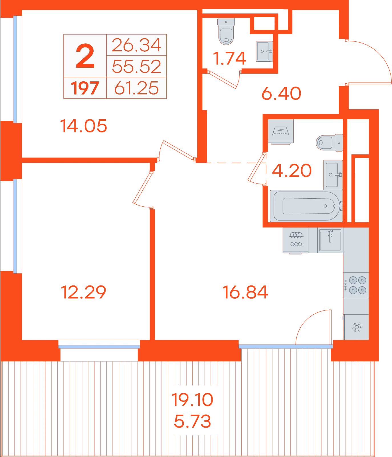 Планировка: 2-комнатная · 61,25 м²