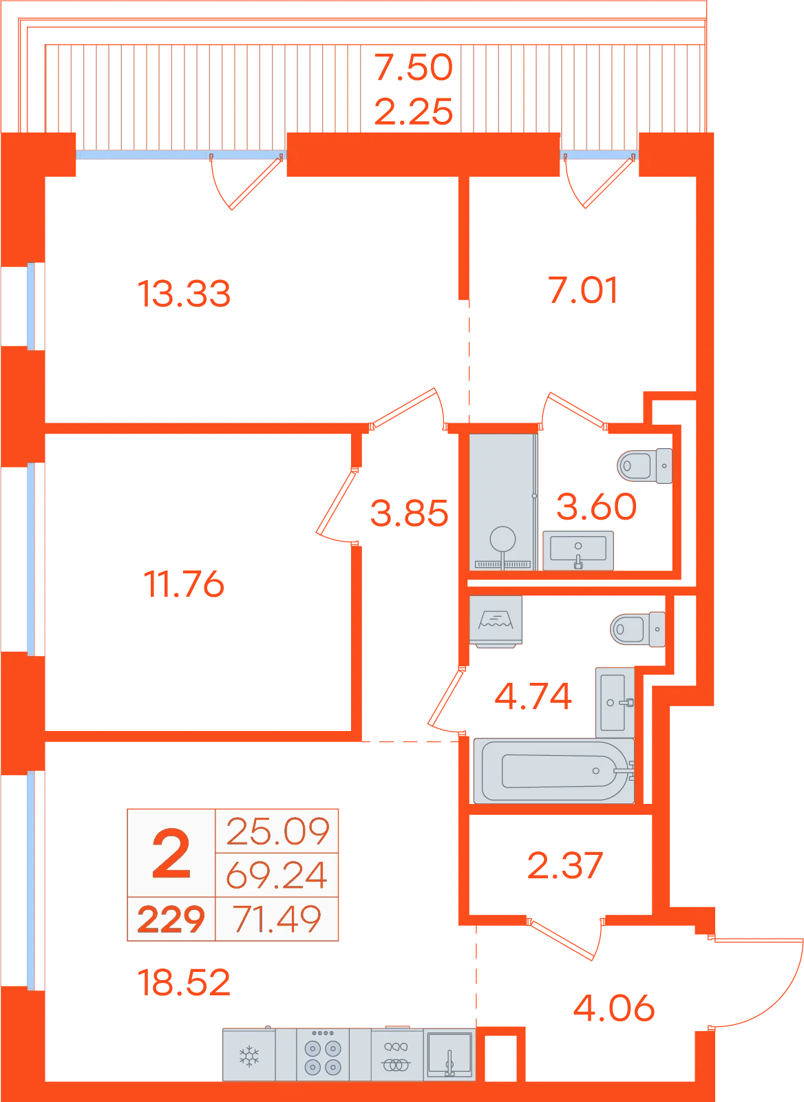 Планировка: 2-комнатная · 71,49 м²