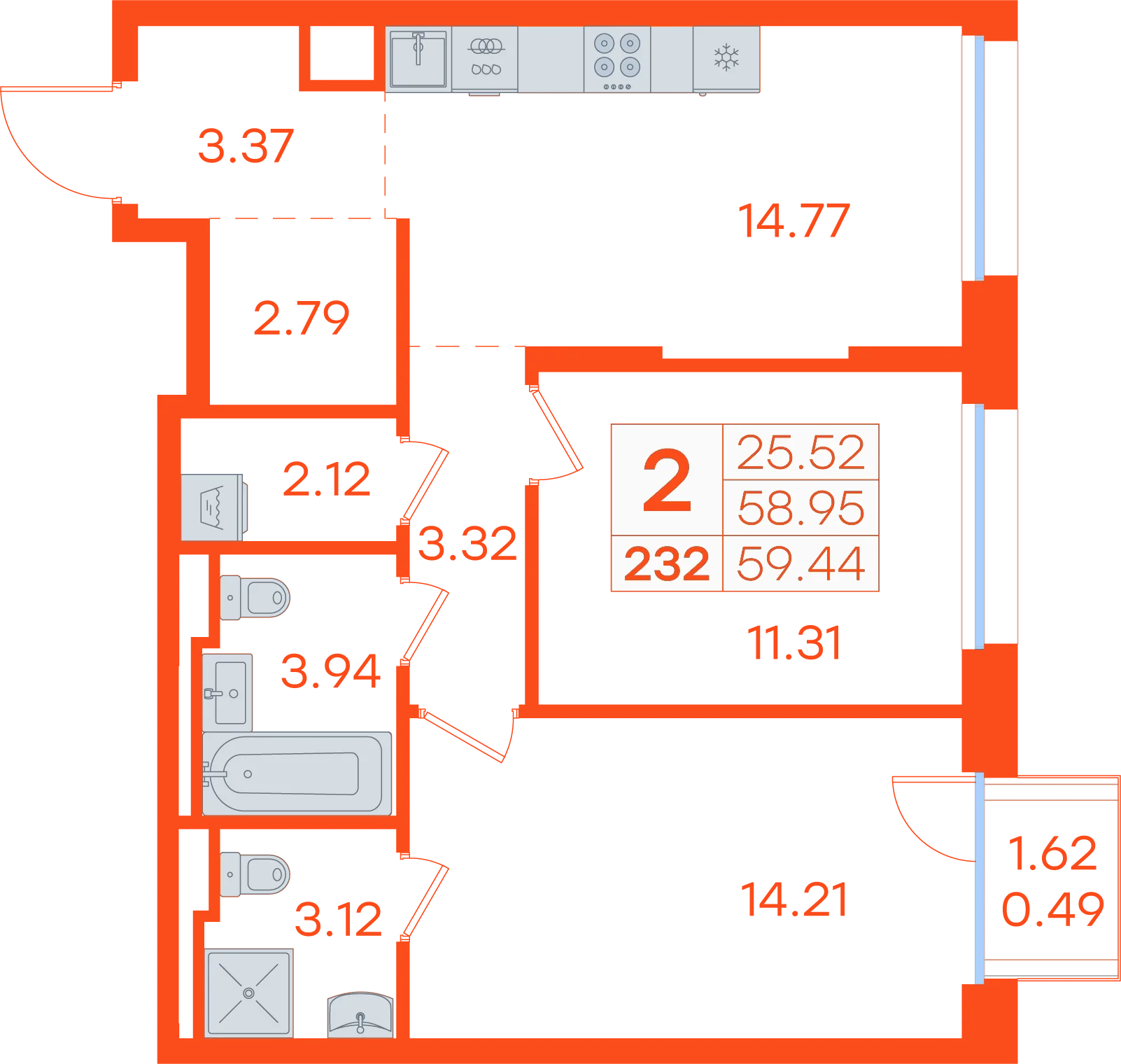 Планировка: 2-комнатная · 59,44 м²