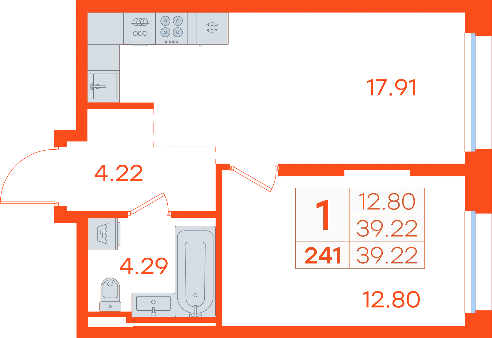Планировка: 1-комнатная · 39,22 м²