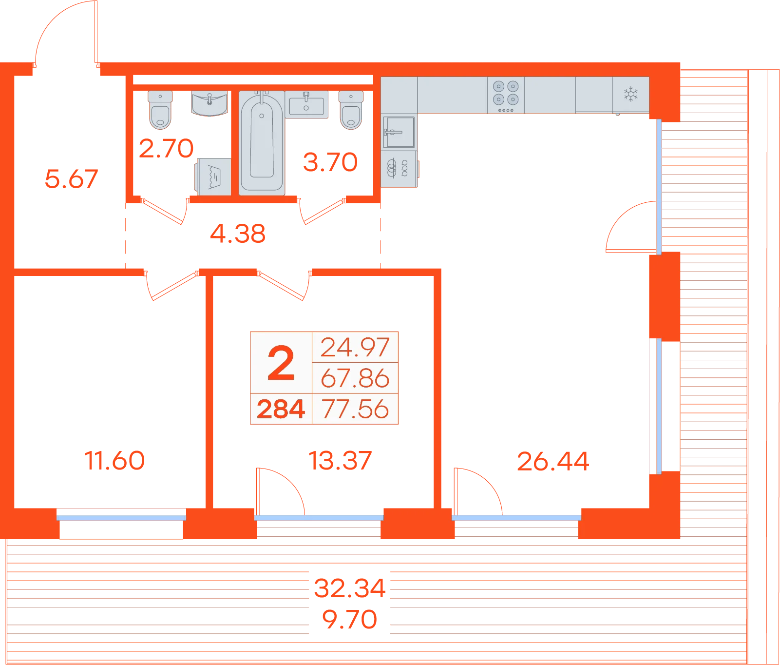 Планировка: 2-комнатная · 77,56 м²