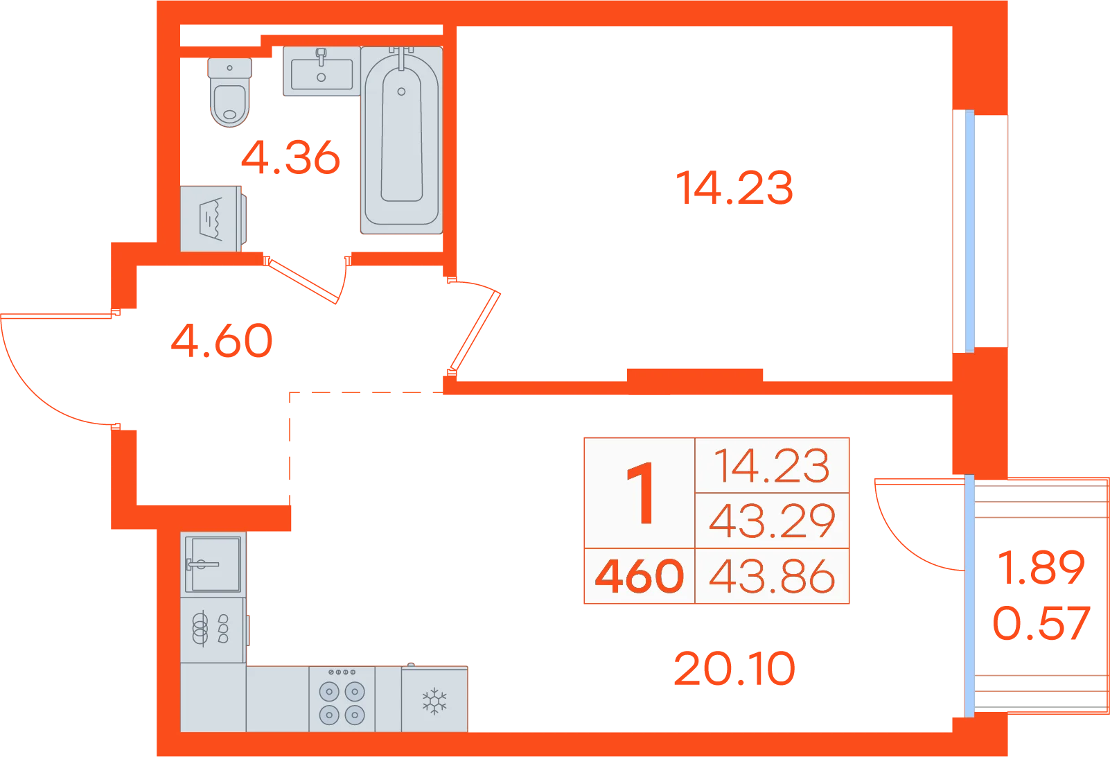 Планировка: 1-комнатная · 43,86 м²