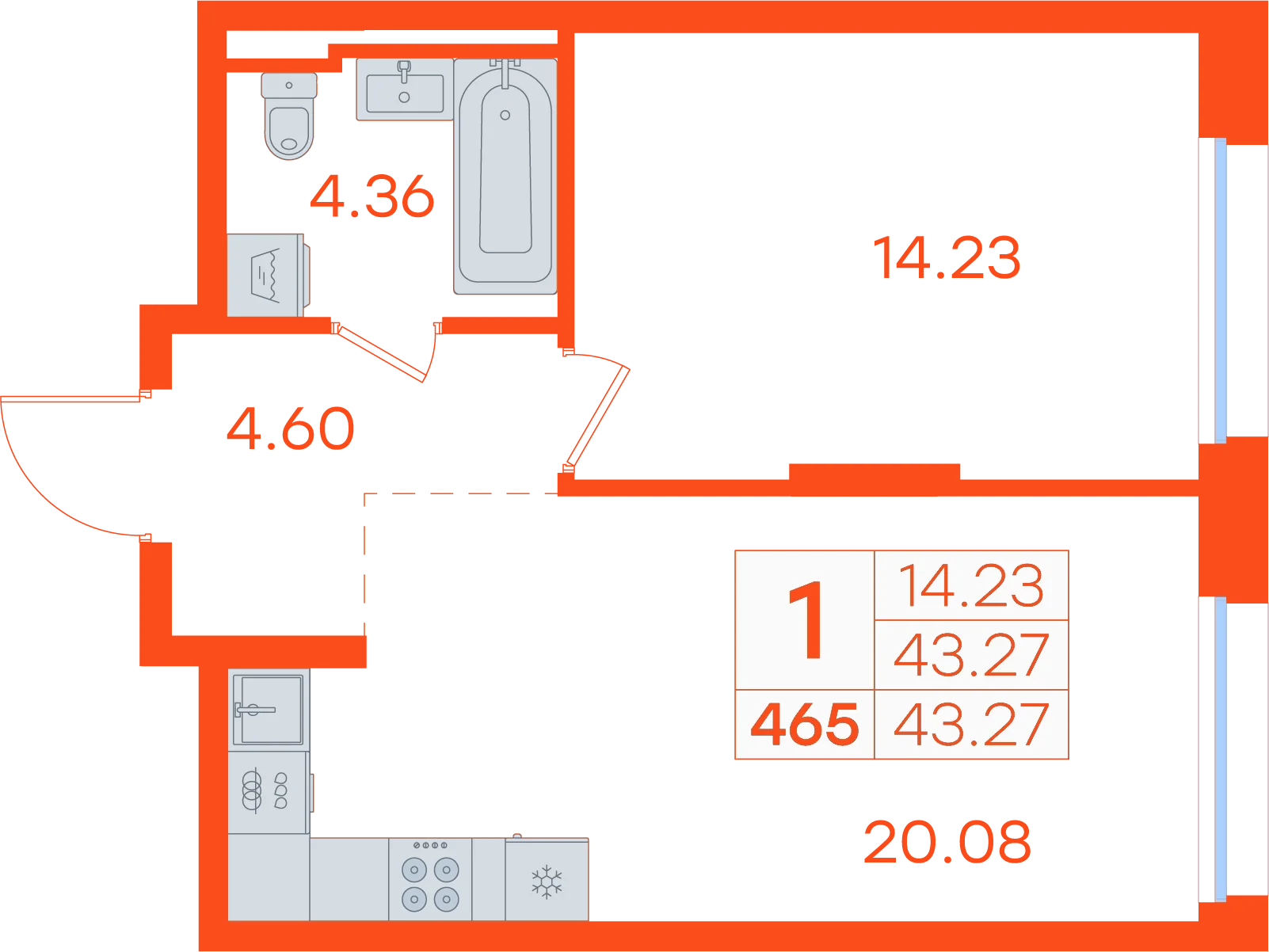 Планировка: 1-комнатная · 43,27 м²