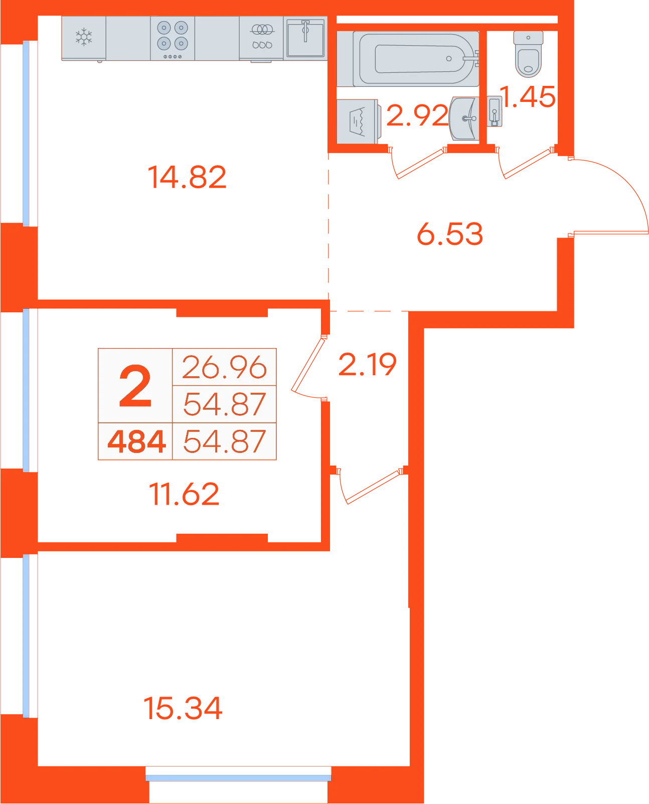 Планировка: 2-комнатная · 54,87 м²