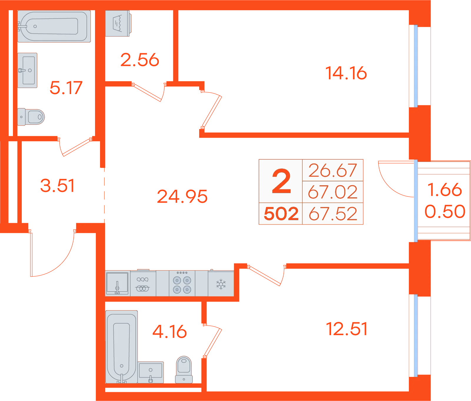 Планировка: 2-комнатная · 67,52 м²