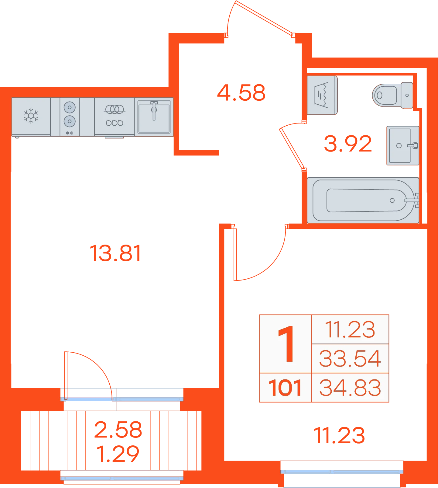 Планировка: 1-комнатная · 34,83 м²