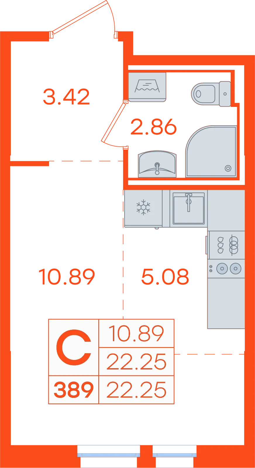Планировка: Студия · 22,25 м²