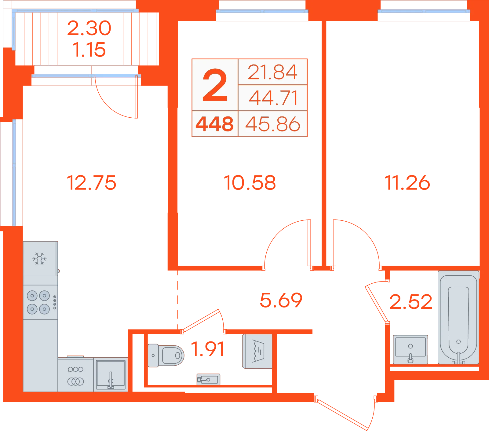 Планировка: 2-комнатная · 45,86 м²