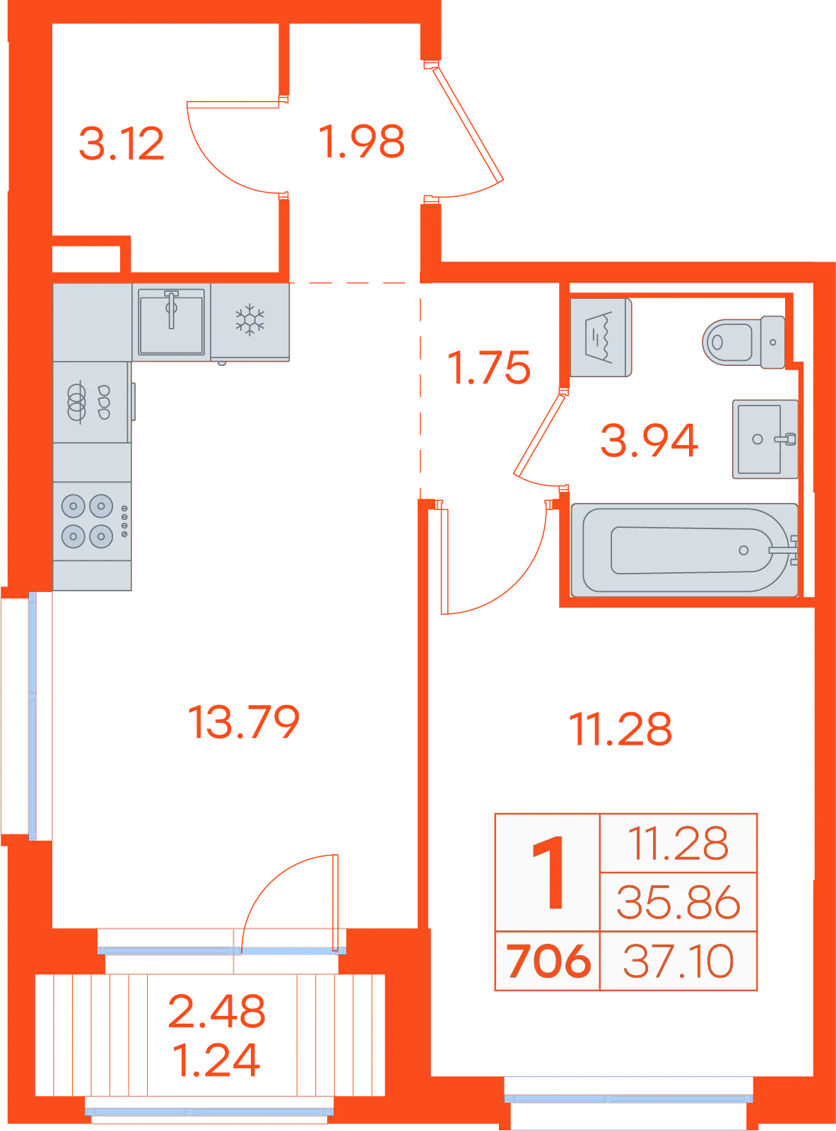 Планировка: 1-комнатная · 37,10 м²